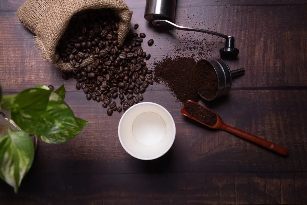 Coffee beans and ground powder with coffee cup on wooden backgr